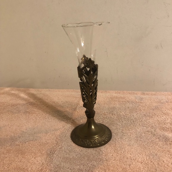 Vintage Fluted Tulip Glass & Brass Vase With Felt Bottom 10” Tall
